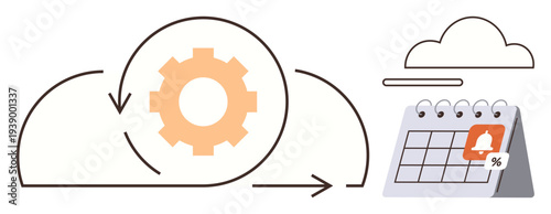 Cloud technology, automation, productivity management, software synchronization, scheduling tasks, digital planning. Gear within a cloud and a calendar with notification icon. Cloud technology