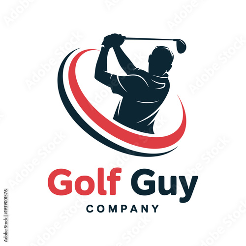 Golf guy company logo with golfer silhouette and red swoosh design
