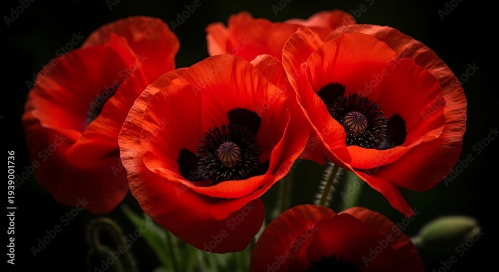 Obraz premium Vibrant red poppies with dark centers in full bloom, set against a stark black background, exuding elegance
