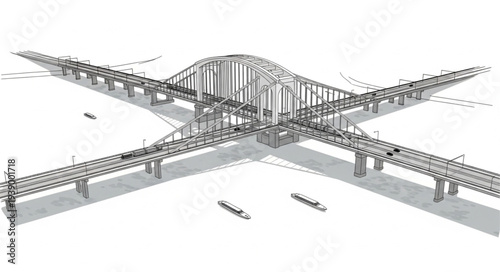 Detailed architectural drawing of a complex multi-level bridge structure.