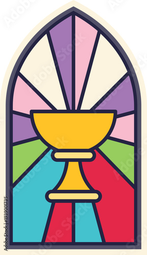 Stained glass window featuring a golden chalice, representing religious themes and sacrament