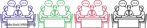 Business meeting with people discussing ideas and communicating at table in blue, green, red and black