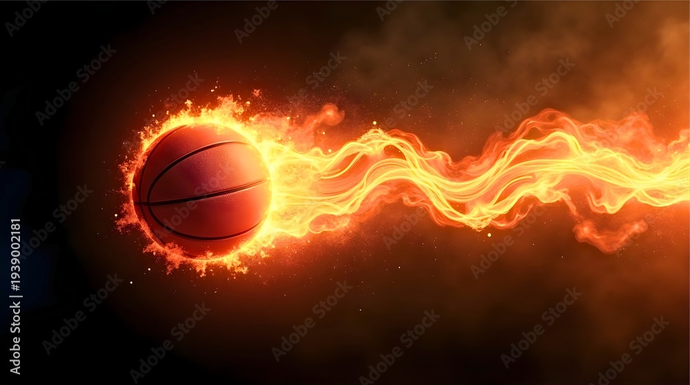 Obraz premium Basketball on Fire Illustration Featuring Fiery Trail and Dynamic Motion Against Dark Background Highlighting Sports Intensity Passion Energy and Dramatic Visual Impact