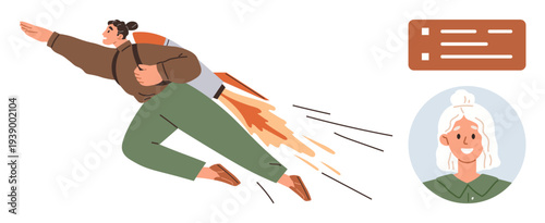Career growth, teamwork, innovation, personal development, leadership, success motivation. Person flying with rocket backpack and avatar profile. Career growth and teamwork concept