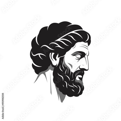 Classical Greek Philosopher Profile Portrait With Beard and Wavy Hair in Black and White.