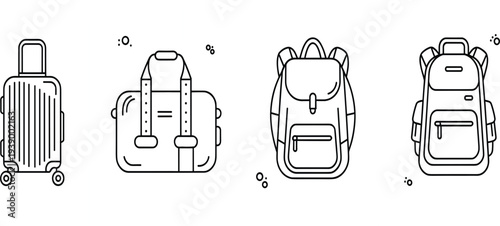 Set of four travel bags and backpacks in outline style on white background Keywords: luggage, suitcase, backpack, duffel bag