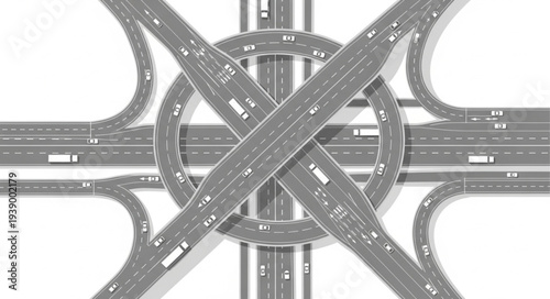 Aerial view of a complex highway interchange with traffic flowing.