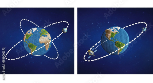 Satellite orbits around planet Earth in outer space.