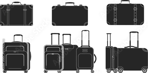 Collection of black silhouette luggage and suitcases on white background travel baggage