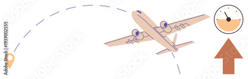 Travel industry, aviation services, global logistics, time tracking, journey planning, destination navigation. Airplane on a curved path with a timer icon and location pin. Travel and aviation