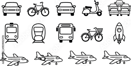 Vector Transportation Icon Set Featuring Black Line Art Of Cars, Airplanes, Bicycles, Bus, Train, Scooter, Rocket, And Traffic For Travel Design