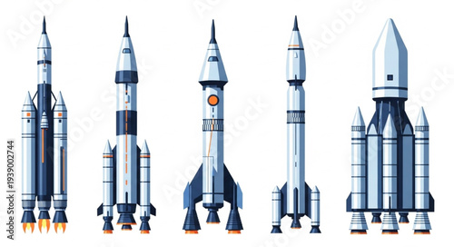 Collection of Five Different Space Rockets Standing Side by Side.