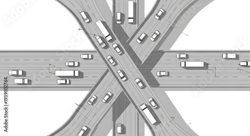 Busy highway intersection with cars and trucks crossing over.
