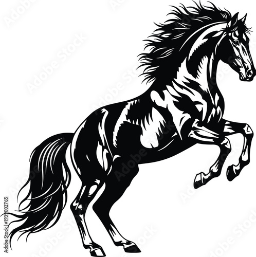 Rearing horse illustration, powerful stallion artwork, black and white tattoo design, dynamic animal logo, elegant equine symbol, bold graphic drawing