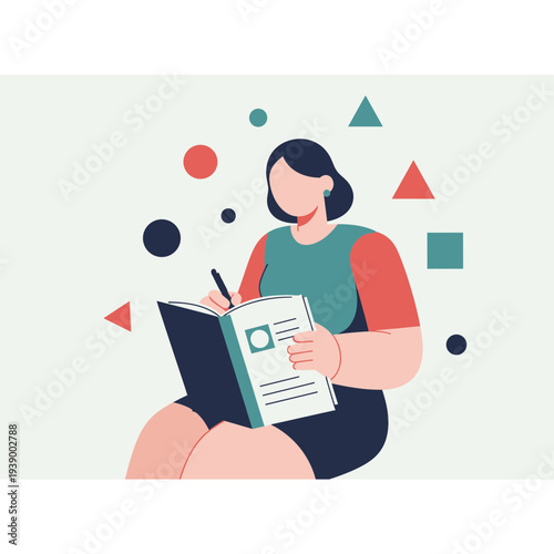 Creative Reflection: A person engrossed in their thoughts, journaling in a notebook as abstract shapes dance in the background. A visual celebration of introspection and creative process