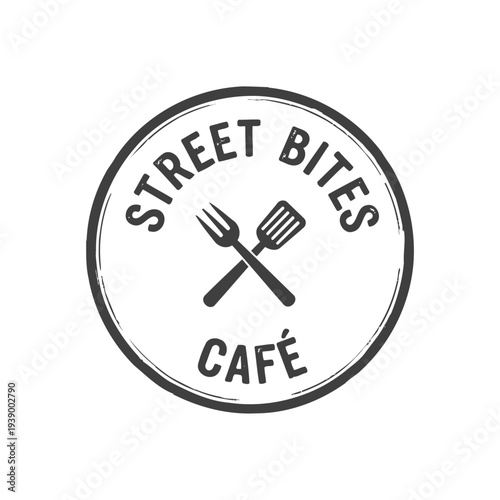 Street Bites Café Vintage Logo Badge With Crossed Fork And Spatula, Rustic Food Café Emblem.