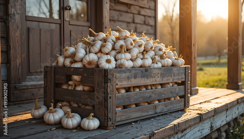Wooden crate filled with harvested garlic bulbs on porch Landscape Image