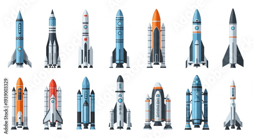 Collection of various rockets and spacecraft on a white background.