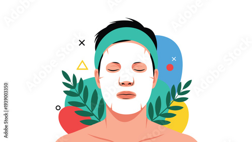 Man wearing a white sheet mask for facial skincare treatment with decorative leaves and geometric shapes in the background.