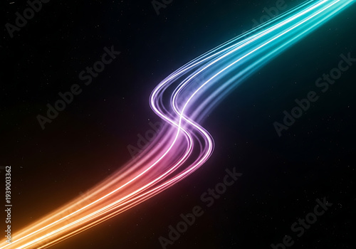 Curved neon light streaks glowing across dark cosmic background creating vibrant futuristic motion and digital energy flow