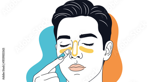 Man with eyes closed applying yellow skincare patches or cream strips to his nose and cheeks for beauty treatment.
