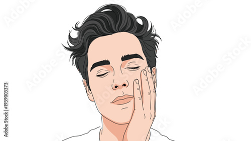 Young man with eyes closed gently touching his face after shaving or skincare routine on a clean white background.