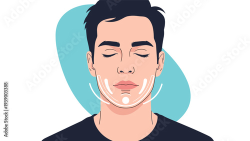 Illustration of a man with eyes closed showing facial massage lines or muscle exercise movements around the chin and jaw area.