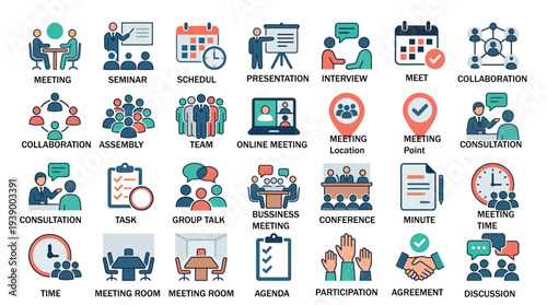 Set of 28 Business Meeting and Corporate Communication Flat Vector Icons, Modern Minimal UI Symbol Collection for Conference, Teamwork, Collaboration, Agenda, Planning, Online Meeting and Office Discu
