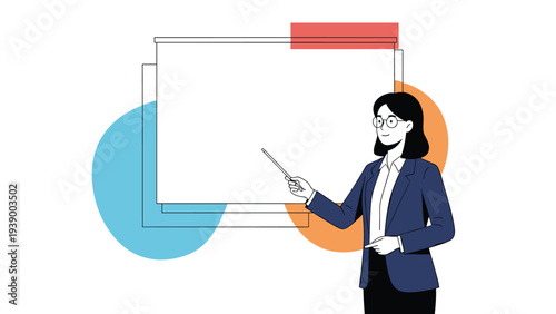 Professional woman wearing glasses and a business suit pointing to a blank whiteboard during a presentation or lesson.