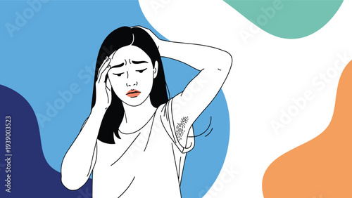 Young woman with long dark hair looking worried and touching her head while showing unshaven hairy underarms in public.