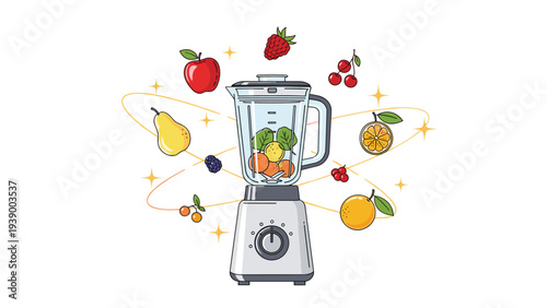 Electric kitchen blender surrounded by various fresh fruits like orange, apple, pear, and berries in a spinning motion.