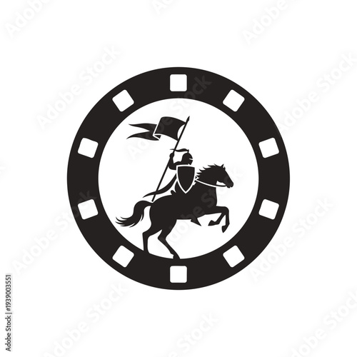 Medieval Knight On Horseback Holding Flag Silhouette Emblem Logo Vector Black Symbol.