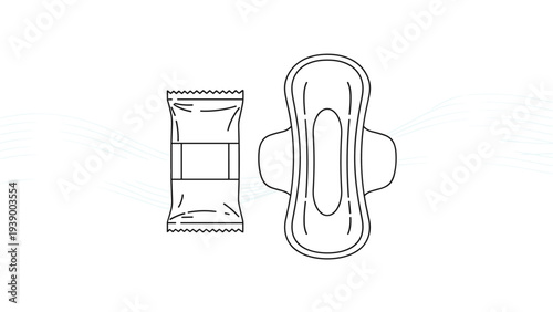 Menstrual pad with wings next to its individual plastic wrapper for hygiene product demonstration on a white background.