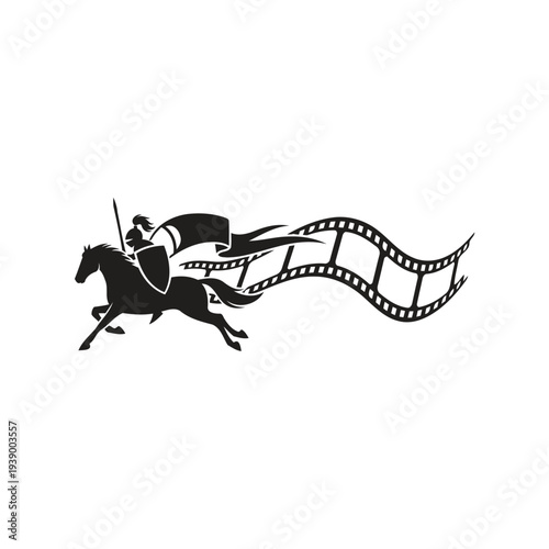 Logo Knight on Horseback With Flowing Film Strip Banner Symbolizing Movie and Medieval Adventure.