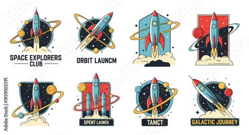 Collection of vintage rocket launch emblems and badges.