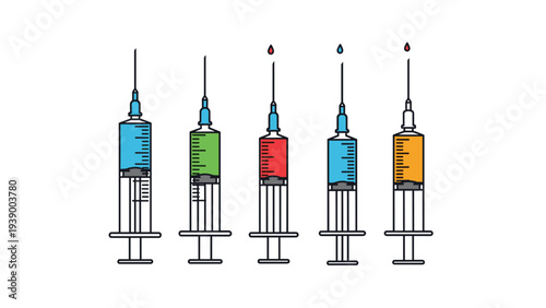 Row of five medical syringes filled with colorful fluids like blue, green, red, and orange for vaccination or treatment.