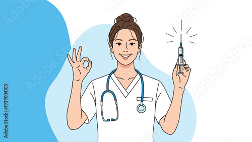 Happy female nurse or doctor in scrubs holding a syringe and showing the okay hand gesture for vaccination confidence.