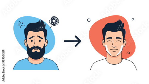 Bearded man showing a emotional change from a sad and confused state to a happy and calm facial expression with a smile.