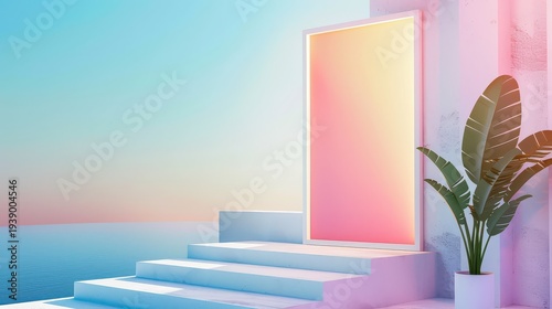Pastel steps leading to a blank pink sign, tropical plant.