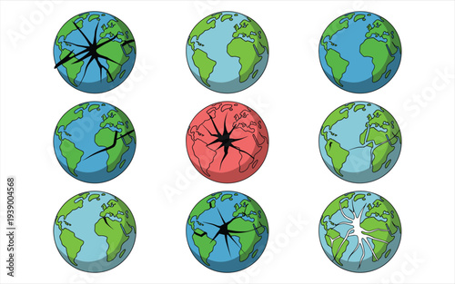 Cracked Earth Planets in Grid Showing Global Crisis and Damage Stock