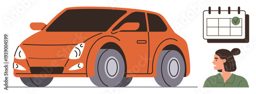 Car rentals, appointment scheduling, travel, logistics, transportation services, planning concepts. An orange car stands near a calendar and a person looking. Car rentals and scheduling
