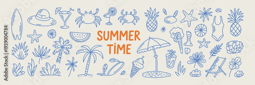 Summer Vacation Doodle Illustration Set with Beach and Sea Travel Elements, Hand Drawn Palm Tree, Tropical Fruits, Lobster, Seafood, Seashell, Bikini and Cocktail – Coastal Collection for Cards, Print