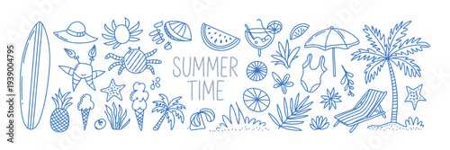 Summer Vacation Doodle Illustration Set with Beach and Sea Travel Elements, Hand Drawn Palm Tree, Tropical Fruits, Lobster, Seafood, Seashell, Bikini and Cocktail – Coastal Collection for Cards, Print