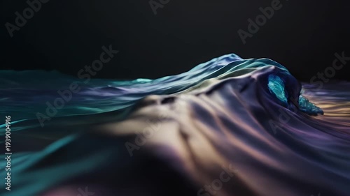 A soft, flowing wave-like form with a gradient of colors on a dark background