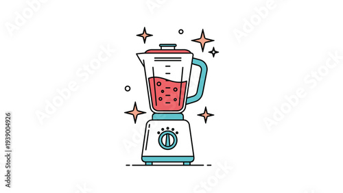 Kitchen blender filled with red liquid or smoothie on a white background with decorative star and circle accents.