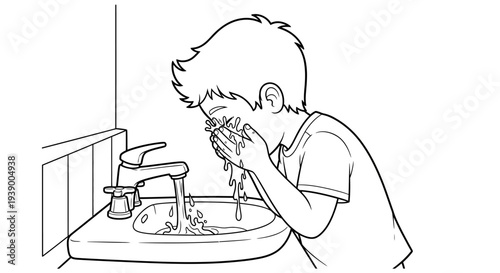 Boy washing face in sink.