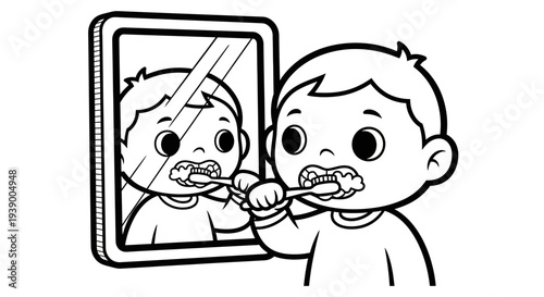 Boy brushing teeth in front mirror.