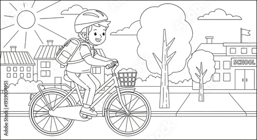Child Riding Bicycle Wearing Helmet.