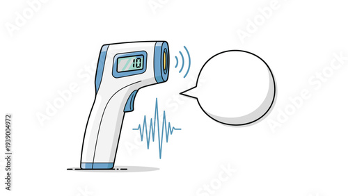 Handheld infrared digital thermometer with empty speech bubble and pulse wave icon for fever detection and medical screening.