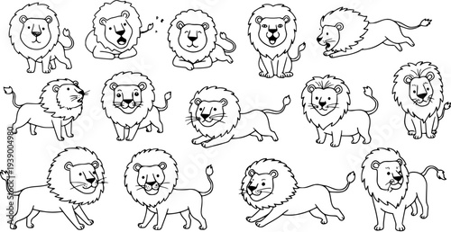 Cute Cartoon Lions Black and White Line Art Set. Playful Wildlife Animal Character Collection in Simple Outline Doodle Style for Kids Design.